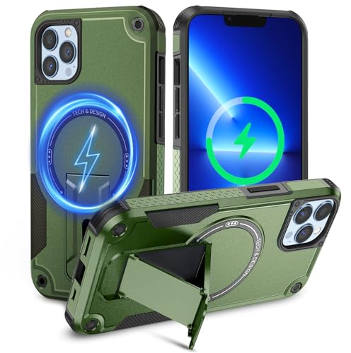 Tuvror for iPhone 13 Pro Case with Stand, Magnetic Phone Case, Green | Compatible with MagSafe, Built-in Kickstand, Rugged Protection Heavy Duty Shockproof Magnet Case for iPhone 13 Pro