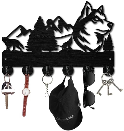 CREATCABIN Schlüsselhalter Mit Schwarzem Wolf,Wandmontage,Schlüsselhaken Für Wand,Hölzerne Wald-Schlüsselaufhänger,Schlüsselaufhängung,Organizer,Wanddekoration Für Eingangsbereich,Flur,Büro,30x20cm