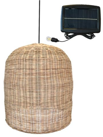 Lumisky Giacomo Solar Pendelleuchte aus natürlichem Rattan, mit Hybridkabel, Netz- und Solarkabel, 5 m Länge