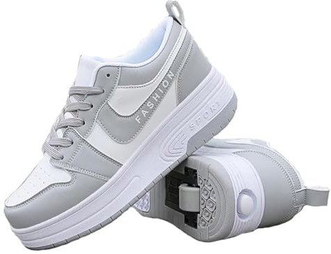 GeRRiT Sportschuhe Skateboard Outdoor Gymnastik Turnschuhe Jungen Mädchen Freizeitschuh Schuhe Mit Rollen Drucktaste Einstellbare Skateboardschuhe Schuhe mit 2 Rollen,Gray-39EU