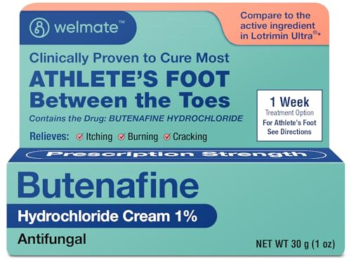 WELMATE Athletes Foot Treatment, Butenafine Hydrochloride 1% Prescription Strength - Antifungal Foot Fungus Cream, 1 Week, Greaseless & Odorless - Jock Itch, Ringworm Relief, 1 oz