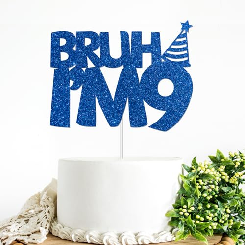 Bruh I'm 9 Kuchendekoration, blauer Glitzer, 9. Geburtstag, Party-Kuchendekoration für Kinder, Jungen, Happy 9th Birthday, Partyschild, lustiges neun Jahre altes Geburtstagsparty-Dekorations-Zubehör