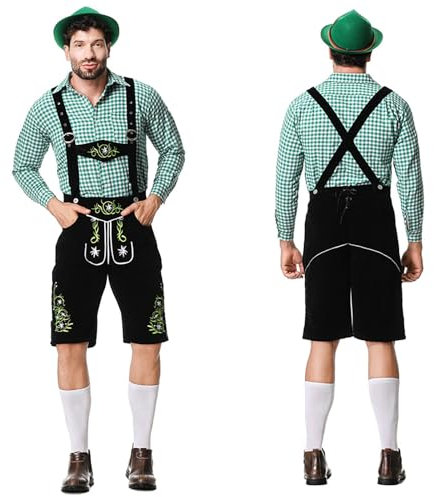 1-teiliges Hemd + 1-teiliger Latzhose Oktoberfest Herren Outfit Komplett Set Deutscher Bühnenkostüm-Anzug traditionelle Bierfest-Kleidung Kariertes Hemd bestickter