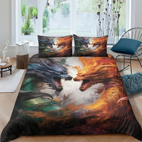 NAHCBIOT Two Ice and Fire Dragons Bettwäsche Teilig Mikrofaser Game Bettbezüge Jungs Kinderbettwäsche Set Mit Reißverschluss Und Kissenbezug 3 Teilig Sets Double(200x200cm)
