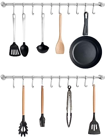 Trintion 2 Stück Hakenleiste Küche Wandbehang Küchenhakenleiste for Küchenutensilien Töpfe Handtücher Edelstahl Küchenreling Hängeleiste mit 10 Beweglichen Haken für Küche Bad Wohnzimmer 52cm (Silber)