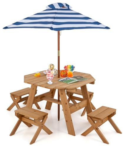 COSTWAY Mesa Picnic con 4 Sillas y Sombrilla Plegable, Octágono de Madera Ajustable en Altura, Set Infantil con Bancos Interior-Exterior (Natural)