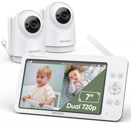 bonoch 7 Zoll Babyphone mit 2 Kameras, 720p Video Babyphon Hone WLAN, 6000mAh Akku 23hrs, Nachtsicht, Beidseitige Audiofunktion, Remote-PTZ, VOX-Modus, Temperatursensor, 8 Schlaflieder