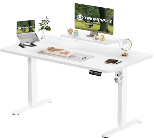 TRIUMPHKEY Bureau Réglable en Hauteur 160 x 70 cm, Étagères pour Moniteur, Électrique avec Fonction de Mémoire, Debout 73-118 cm, Blanc
