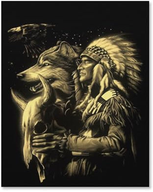 Peinture par Numéro Adulte,Vieil Homme Indien et Loup,Peinture par Numéro pour Enfants, Débutants Loisirs Créatifs Adultes Bricolage Peinture à l'huile Livrée avec Peinture et Pinceau(40x50cm)-D91