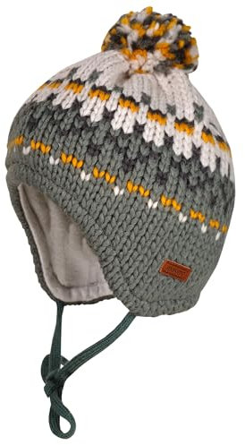maximo Baby-Mütze, ausgenäht, Pompon Jacquard Grobstrick, Futter Made in Germany