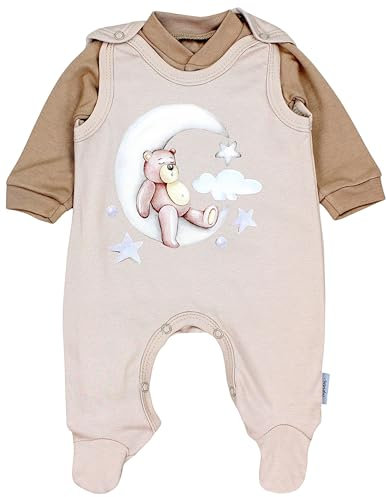 TupTam Baby Mädchen Jungen Strampler mit Langarmshirt Aufdruck Spruch 2 teilig, Farbe: Bärchen Mond Beige, Größe: 68