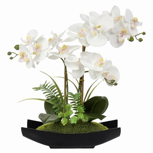 Briful Orchid Artificial Flowers 15in White Fake Orchid Silk Flowers with Black Pot Faux Phalaenopsis Arrangement for Home Office Room Table Centerpiece Modern Decor