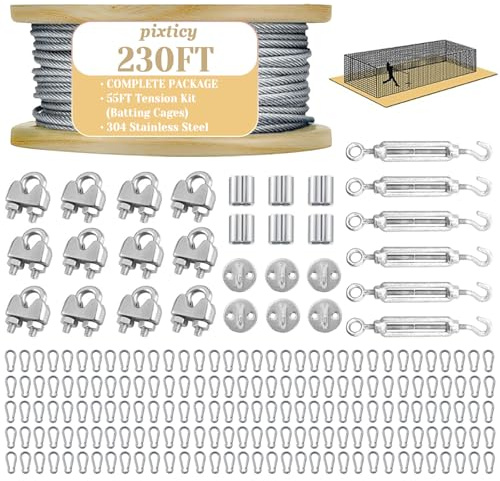 Kit di tensione per gabbia di battuta, kit di sospensione in acciaio inox, kit di sospensione per gabbia di battuta, kit di cavi fai da te per tunnel da baseball e softball (16,8 m)