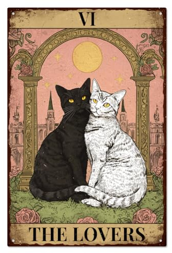 WADORN Metallschild „The Lovers“ Mit Tarotkatze Lustiges Metallplakat Mit Schwarzer Katze Vintage Stil „The Lovers Cat“ Gemälde Wandkunst Poster Plaketten Für Katzenliebhaber Frauen 20x30cm
