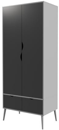URBNLIVING 180cm Tall Freestanding Grey Wardrobe with Black 2 Door 2 Drawer Modern Shelf Clothes Storage Scandi Legs Cupboards Hanging Rail Unit for Bedroom