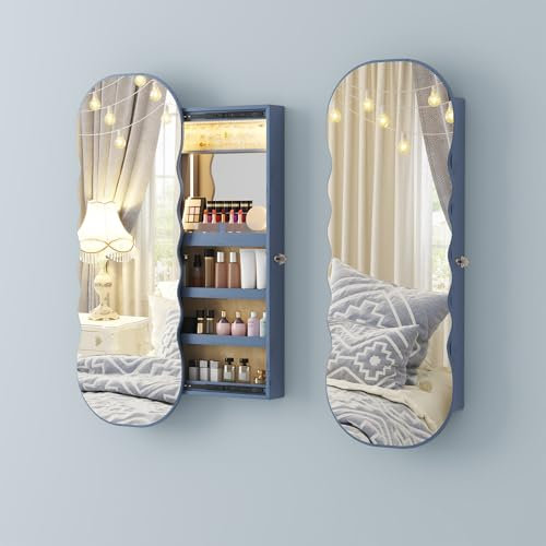 Lvifur Armoire à bijoux suspendue,Armoire à bijoux avec miroir,organisateur de bijoux à miroir ondulé verrouillable,armoires à bijoux au mur pour Colliers,Boucles d’Oreilles,Miroir coulissant,Bleu