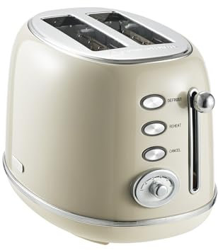 Wiltal Retro Toaster 2 Scheiben Edelstahl – Brötchenaufsatz, 6 Röststufen, Vorheiz- und Auftaufunktion, Abschaltautomatik, Cremefarben, Perfekt für Sandwiches & Toast – TS-R008