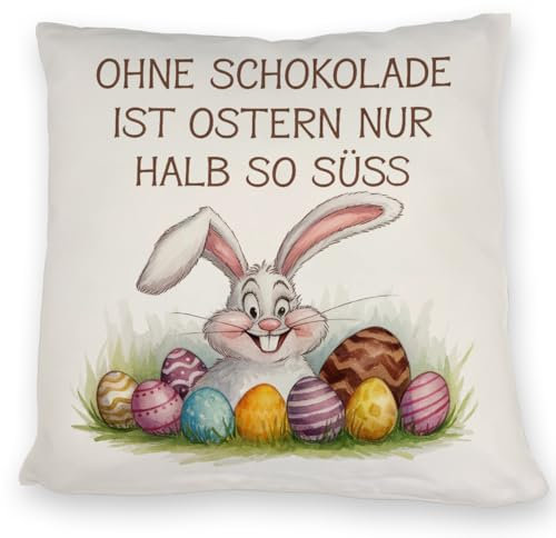 speecheese Fröhlicher Hase mit Ostereiern Kissen - Ostern ohne Schokolade halb so süß Ideal für Dekoration - Lustiges OsterKissen für Zuhause