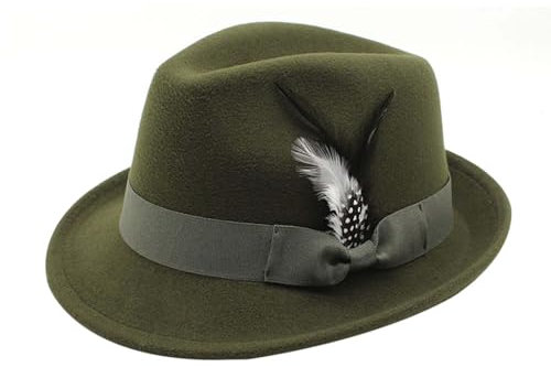 Generisch Traditioneller Fedora Jägerhut Bayerrn Oktoberfest Faschiing Karneval Party Tracht Hüttenparty Volksfest Fedora Hut mit Feder für Kinder, Trachtenhut, Bierfest (A-Army Green, One Size)