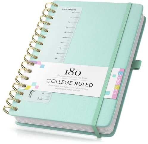 Umriox Spiralblock Notizbücher A5 Liniert,180 Seiten Spiralnotizbuch,100gsm Dickes Papier,Leder Hardcover mit Lineal,Erweiterbare Taschen, Elastische Bänd, für Frauen,14.5 x21cm -Grün