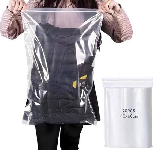 20 Pcs Clear Zip Lock Clothes Bags Large Travel Clothes Storage Bags, Large Travel Zip Lock Seal Storage Bags, Reusable Clear Plastic Bags for Organising Clothes, Shoes and Cosmetics, Size 40x60cm