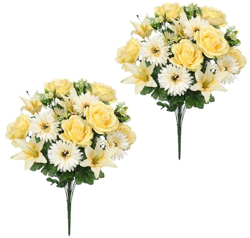 Hollyone 2er-Set Kunstblumen Grabgesteck Künstliche Friedhofsblumen für Grab Gedenkblumen mit Gelb Rosen Lilie Gerbera Gestecke für Friedhöfe Künstlicher Blumenstrauß Seidenblumen Grabschmuck