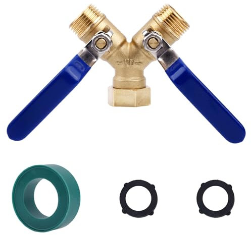 lasuroa Divisore Tubo Flessibile, Divisore Rubinetto Giardino in Ottone a 2 Vie Resistente con 2 Guarnizioni 1 Nastro Adesivo Filettatura GHT 3/4 Valvola a Y Adattatore per Rubinetto da Giardino