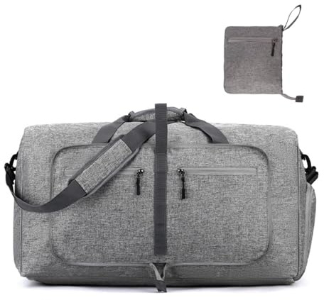 Businey Large Foldable Travel Duffe Bag, 65L Lightweight Waterproof Hand Luggage Bag with Shoes Compartment, Foldable Holdall Bag for Women Men Weekend Overnight Sports Grey