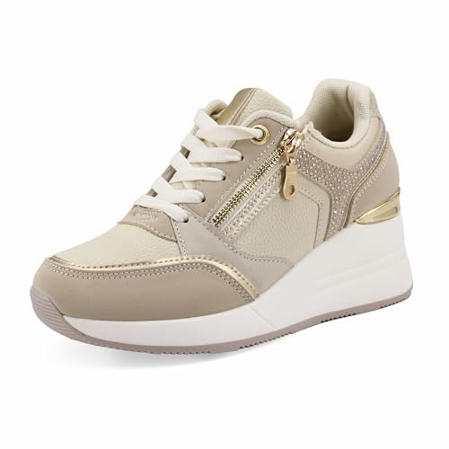 JOMIX Scarpe da Ginnastica Donna con Zeppa Sneakers Eleganti con Cerniera Laterale e Suola Spessa Comode per Camminata Quotidiana WSC255216 Beige 41