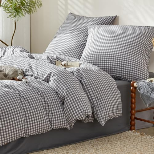 SAPHREAS Bettwäsche 200x220 Baumwolle Gewaschene Kariert 3teilig, Geometrisch Karomuster Bettwäsche Sets Oeko-Tex Zertifiziert Bettbezug mit Reißverschluss, Grau