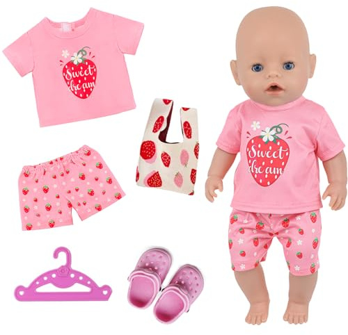 Xerteam Dockkläder, set för 30–45 cm babydockor, söta kläder, pyjamas, hängare, jordgubbsväska för barn, skor med små hål, dockkläder i jordgubbsstil