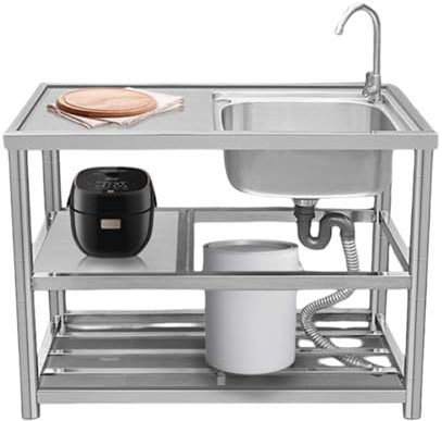 Évier de cuisine sur pied, évier professionnel avec plan de travail, double étagère et trou pour couteaux, pour buanderie(Cold faucet)