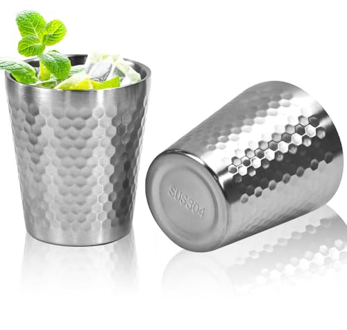 VGECEE 2 Pz Bicchieri in Acciaio Inox, 300 ml Tazza in Acciaio Inossidabile a Doppia Parete Tazze in Metallo Riutilizzabile Tazze da Campeggio Superficie Testurizzata Diamantata per Caffè Birra Succo