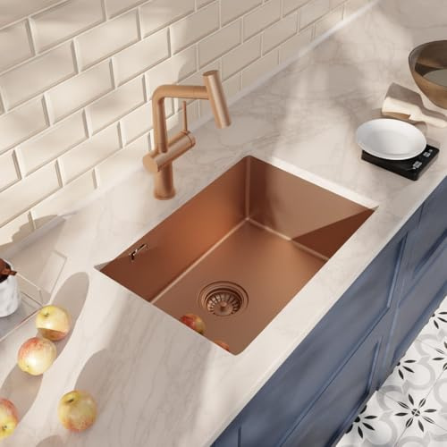 Ceramia Timeless Fregadero Bajo Encimera 55x45 cm Acero Inoxidable 304 | Grifo Monomando con Ducha Extraíble | Acabado Cobre Cepillado | Fácil Instalación