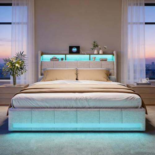 BRILVERDE Polsterbett 180x200 mit Stauraum, Doppelbett mit LED und USB, Jugendbett mit 4 Schubladen, Bettgestell mit Kopfteil und Lattenrost, Leinen (Beige, 180 x 200 cm)