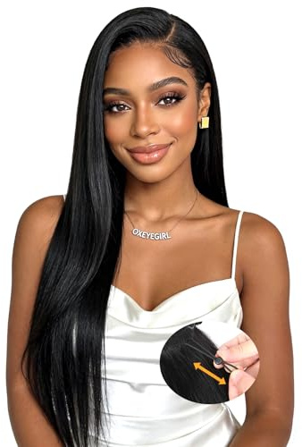Oxeyegirl 22 Zoll 13x6 Straight Echthaar Perücke Lace Frontal Wig Human Hair with Elastic Drawstring 180% Density Perücke Damen Echthaar Glueless Wigs for Black Women Brazilian Silky Straight Hair