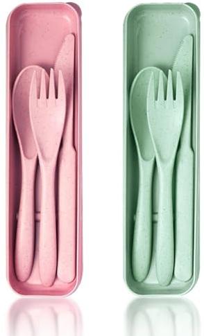 Lot de 2 couverts de voyage en plastique réutilisables avec fourchette, cuillère, couteau, couverts de camping avec boîte, convient pour le bureau en plein air ou l'utilisation quotidienne (vert/rose)