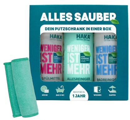 HAKA Reiniger-Set, für Boden, Küche & Bad, 3x 475ml inkl. Mikrofaser-Tuch | Reiniger-Set 'Weniger ist mehr', 1x Spülmittel, 1x Allzweckreiniger, 1x Badreiniger, 1x Putztuch, materialschonend, vegan