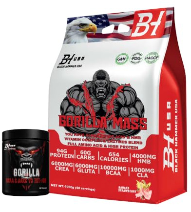 Gorilla Mass Gainer 4KG / 8KG – High Calorie Weight Gainer Protein Powder for Muscle Mass & Strength – Protein Carb Shake – Bulking Formula + FREE BCAA – Black Hammer USA (4000g, Banane Erdbeere)