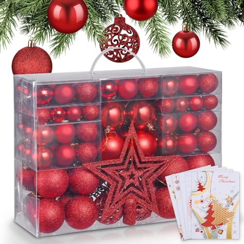 ARATERVIO Weihnachtskugeln Set mit Sternspitze – Bruchsichere Christbaumkugeln in 3 Größen, Matt, Glänzend & Glitzernd, Weihnachtsbaumschmuck mit Aufbewahrungsbox (Rot)