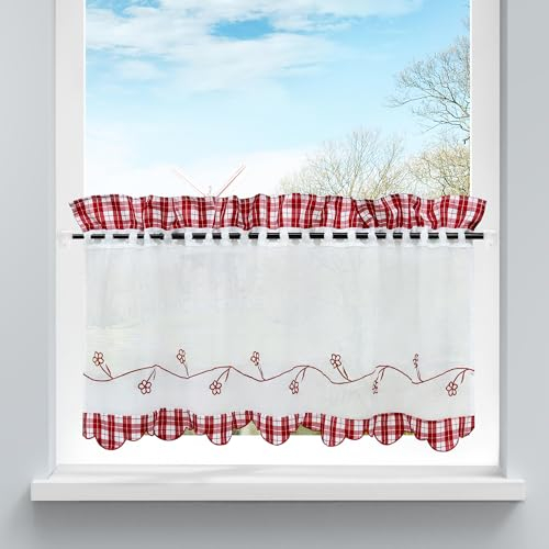 HongYa Rideaux Brise-Bise Broderie de Fleurs Semi-Transparent Motif Carreaux Rouge Court Voilage de Cuisine Passe Tringle Classique H/L 45/90cm