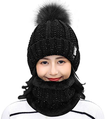 HIDARLING Winter Hats Women Ladies Double Layer Fleece Line Beanie Hat with Bobble Pom Pom Hats (UK, Alpha, M, L, Black)