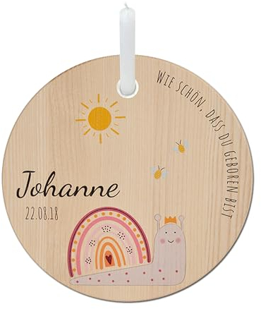 LOOXIS Personalisierter Geburtstagsteller für Kinder mit Namen Bedruckt – 20cm, inkl. Kerze, Eschenholz – Geschenkidee Jungen, Mädchen, Geburt, Taufe, Kindergeburtstag – Motiv: Schnecke Rosa