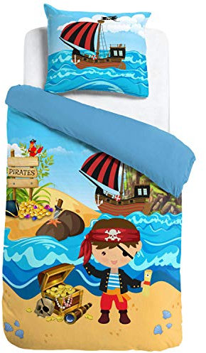 ESPiCO Bettwäsche Sleep and Dream Pirat Meer Schatz Strand Piratenschiff Bunt Kinder Zimmer Motiv Design Renforcé, Größe:135 cm x 200 cm