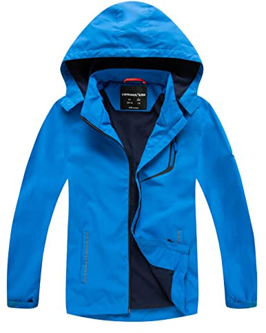 YoungSoul Manteaux Imperméables Garçon - Coupe Vent Doublé Polaire Fille - Veste de Pluie avec Capuche Amovible - Bleu ciel - 7-8 ans/Taille L