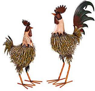Riesiges schönes Metall Figurenpaar Hahn und Henne Set 048+047 Gartenfigur Hahn 53cm, Huhn 44 cm Dekofigur (Oliv-Hell 0048)