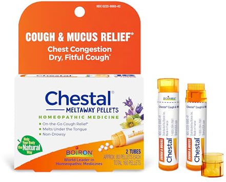 Boiron Chestal Pellets for Cough and Mucus Relief, Nasal or Chest Congestion, and Sore Throat Relief - 2 Count (160 Pellets)