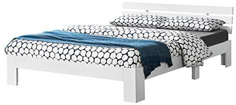 [en.casa] Holzbett Nivala mit Kopfteil und Lattenrost 160x200 cm Bettgestell bis 200 kg Doppelbett Ehebett Bettrahmen Kiefernholz Weiß