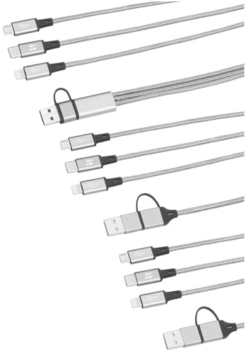 Callstel 3in1 Schnellladekabel: 3er-Set 5in1-Schnellladekabel: Micro-USB, USB-C & Lightning, Textil (Multifunktions-Ladekabel, Ladekabel aus Nylon, Handy Ladestation)