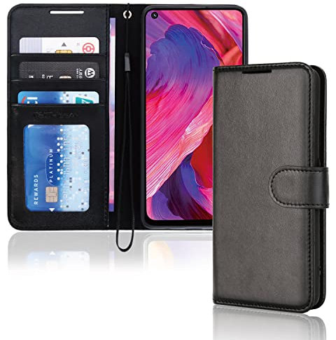 TECHGEAR Leather Wallet Case for Oppo A54 5G / Oppo A74 5G, Flip Protective Case Cover with Wallet Card Holder, Stand & Wrist Strap - Black PU Leather with Magnetic Closure